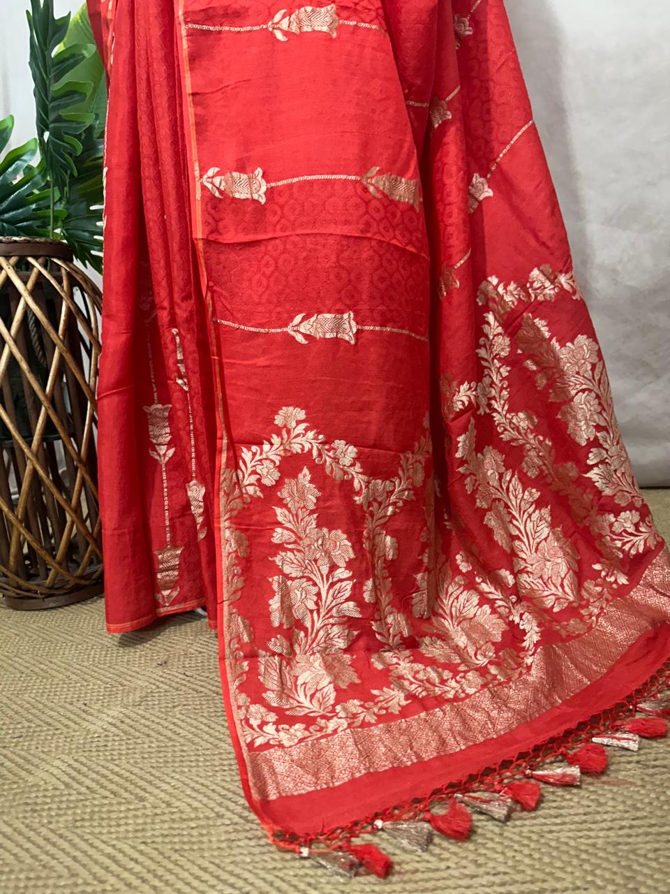 Red munga silk saree with stitched blouse