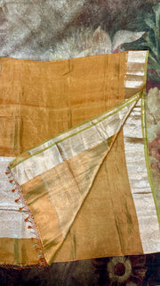 Orange double shade tissue saree with banarsi border, with stitched blouse