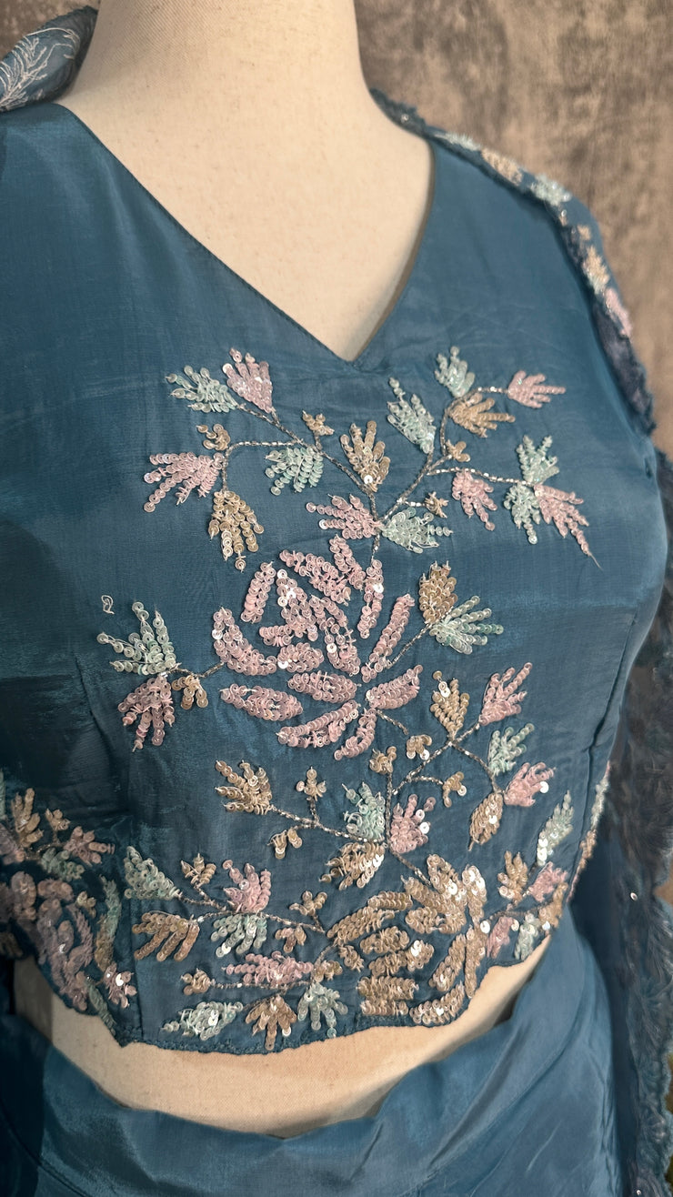 Pastel blue Crepe drape skirt , short top and shrug (fits to M/L/XL)