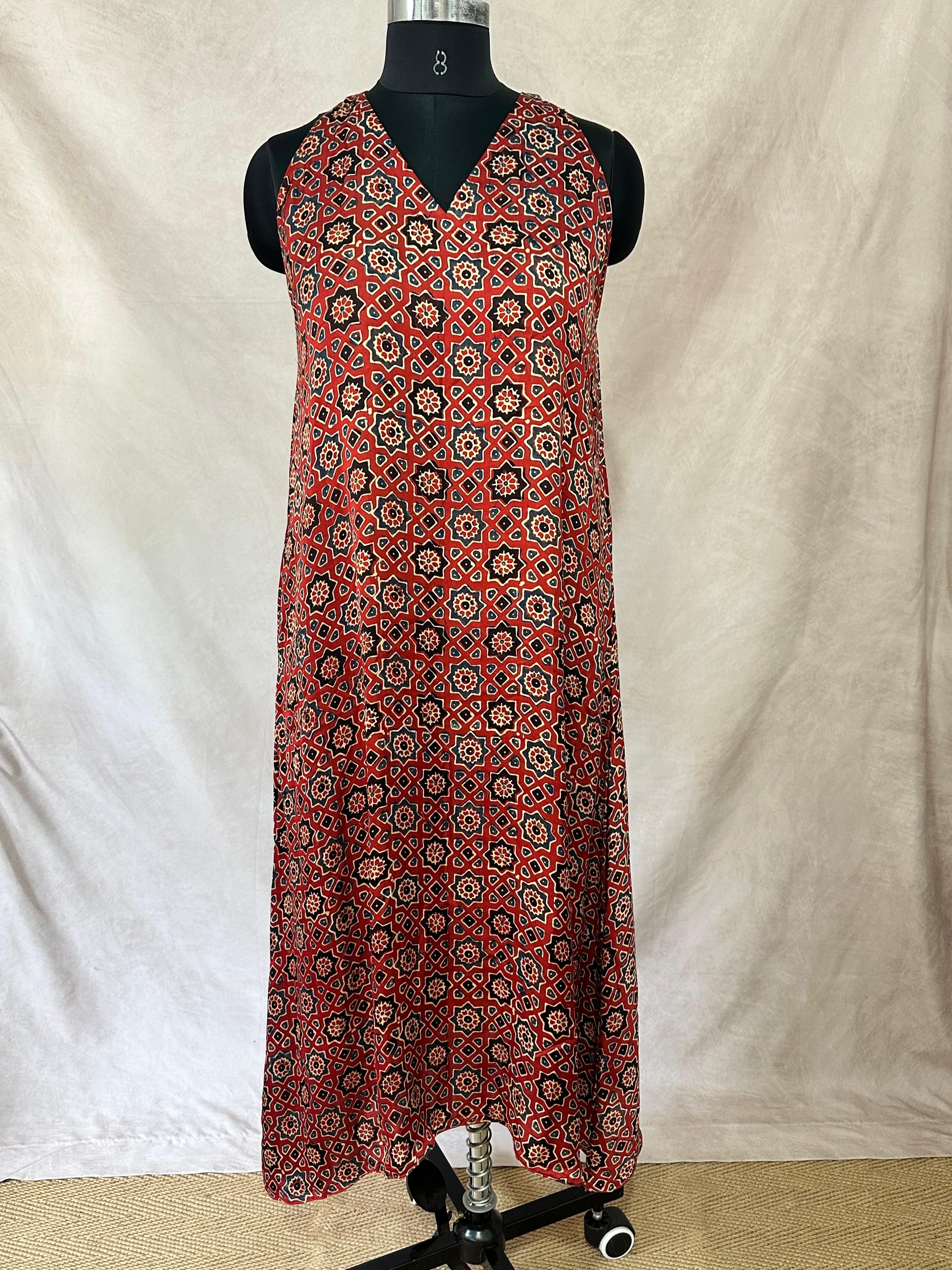 Red ajrakh hand block printed modal silk sleeveless dress