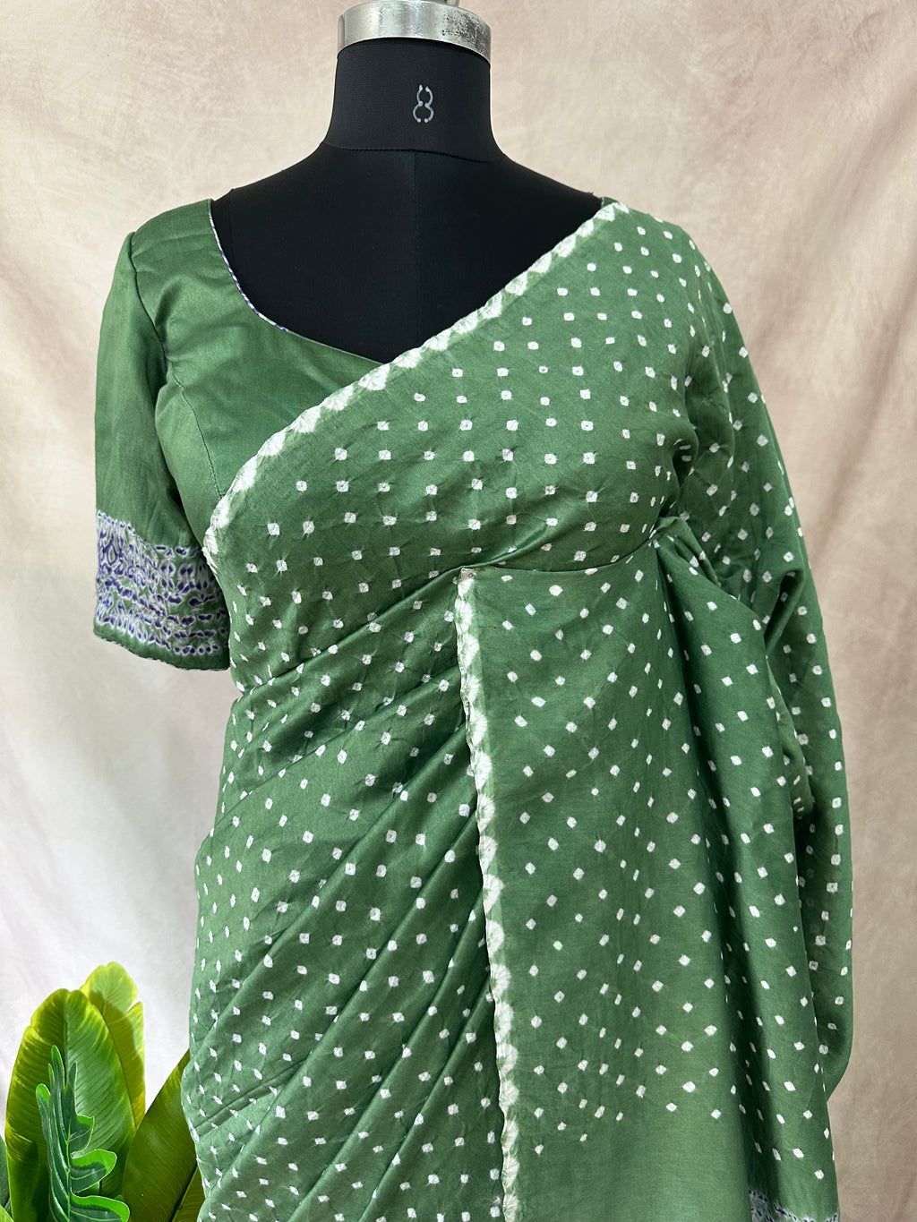 Pure chanderi silk saree with Bandhini and shibori work, stitched blouse