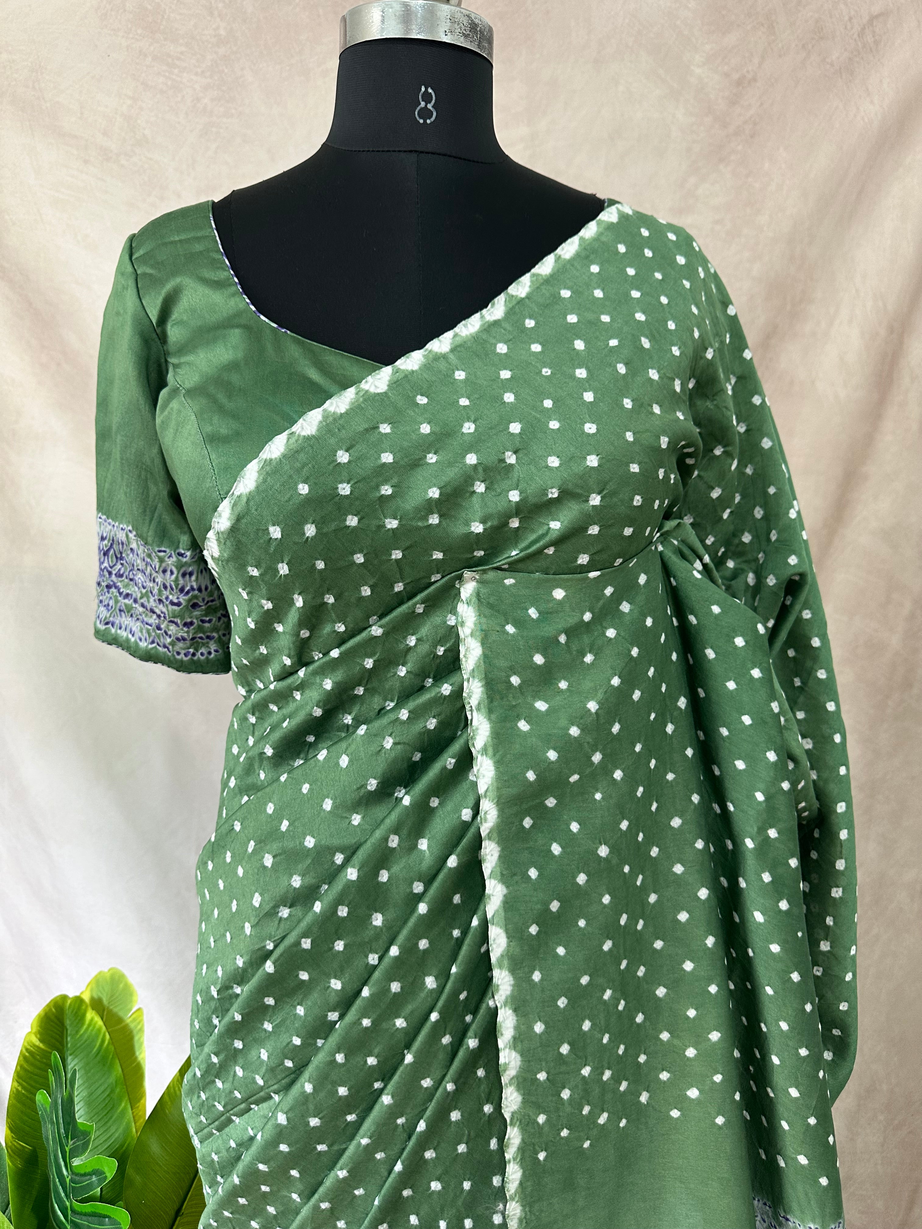 Pure chanderi silk saree with Bandhini and shibori work, stitched blouse