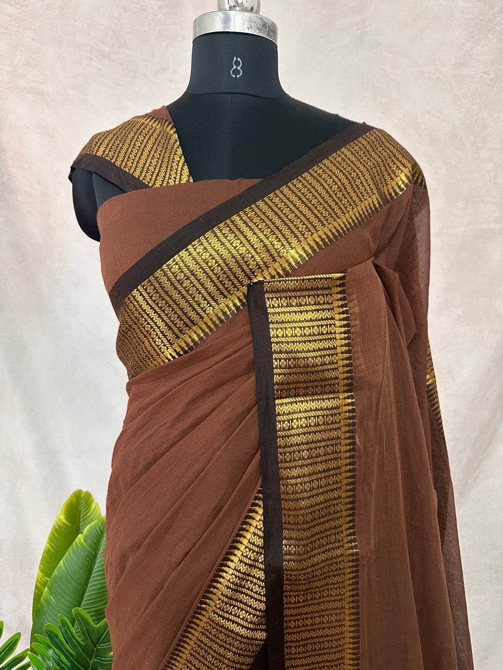 Brown jaquard temple border 120 count mulcotton saree
