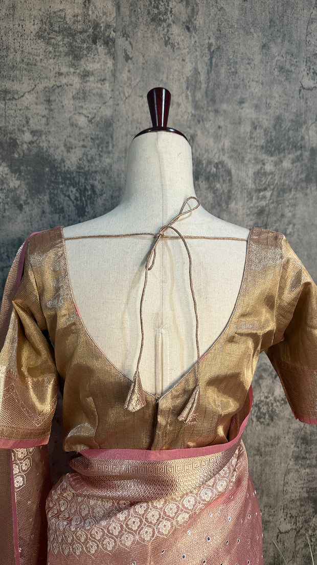 Tissue Kotta silk saree with mirror and chikankari work, with stitched blouse