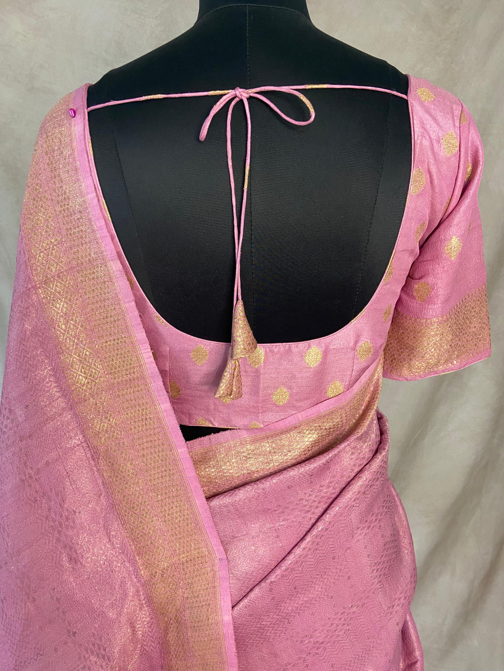 Light pink tussar brocade saree with meenakari weave, stitched blouse