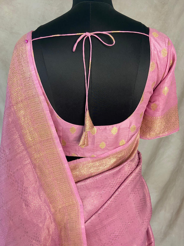 Light pink tussar brocade saree with meenakari weave, stitched blluse