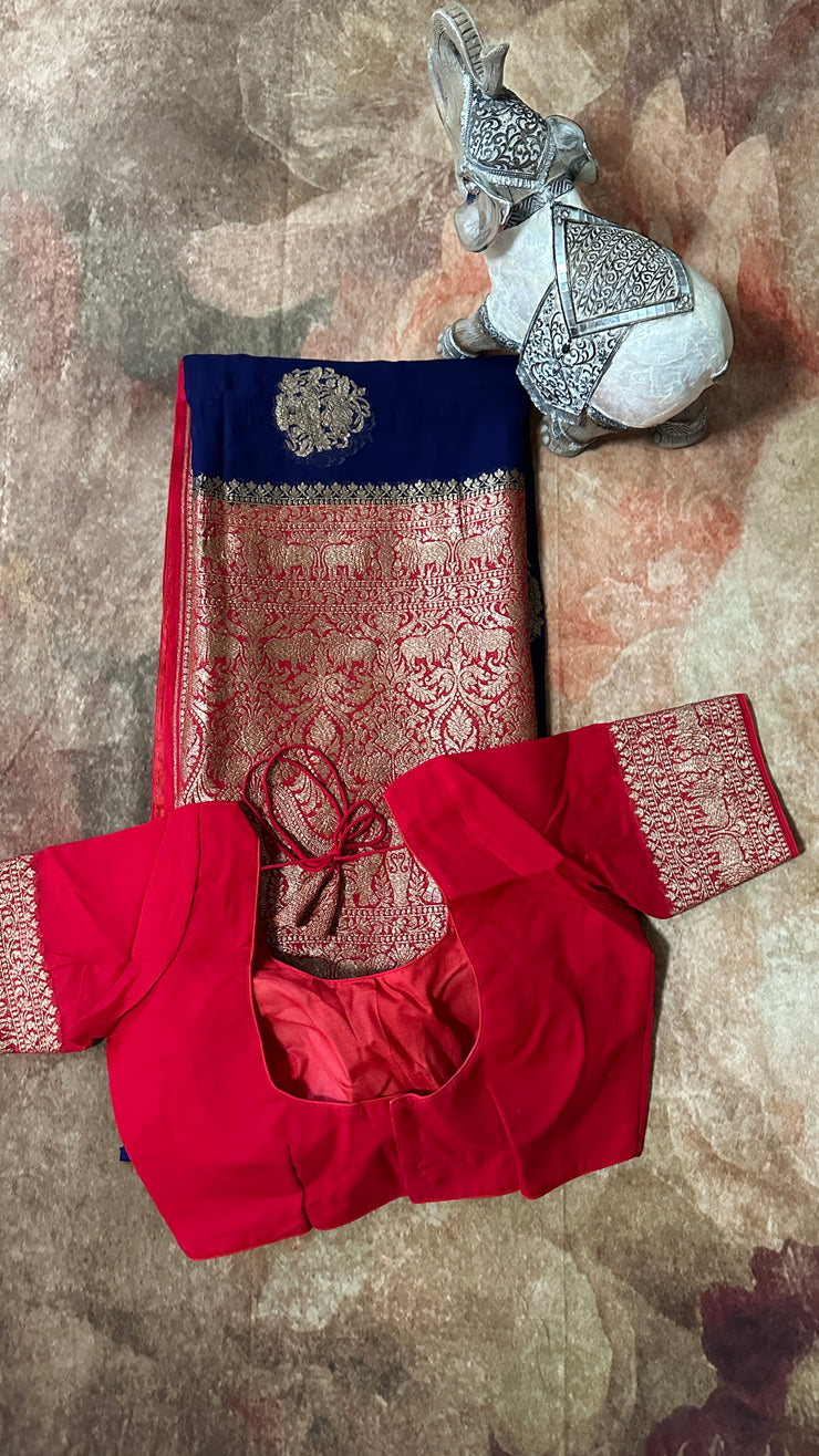 Khaddi georgette banarsi silk saree with stitched blouse