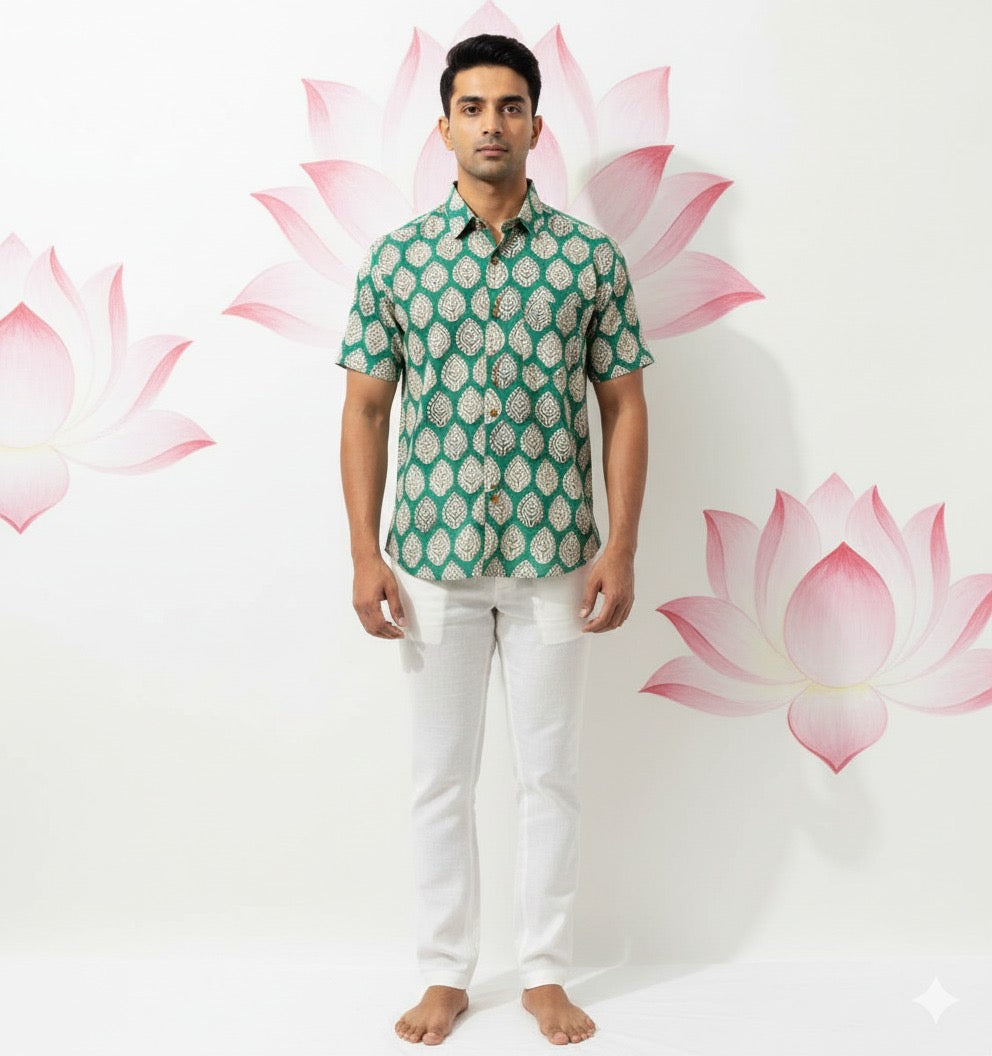 Jaipur cotton Green half sleeve cotton shirt with print