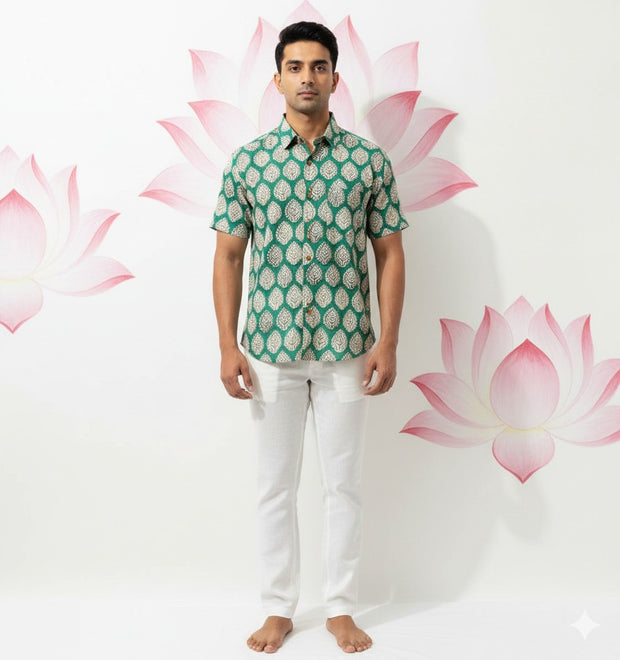 Jaipur cotton Green half sleeve cotton shirt with print