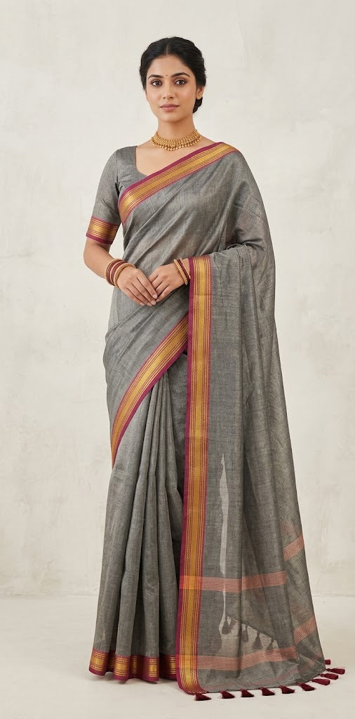 Handloom tissue cotton saree with stitched blouse
