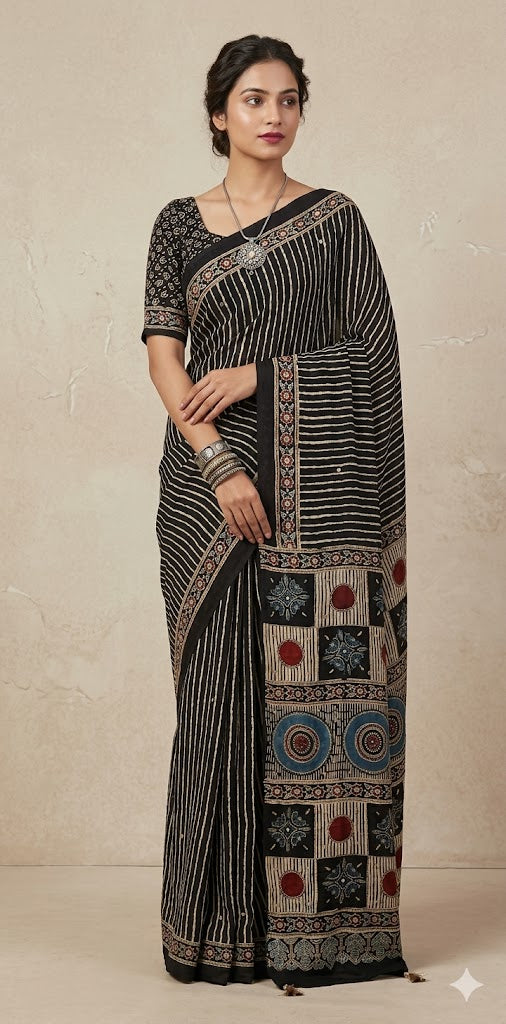 Designer Ajrakh modal silk saree with bead and mirror handwork, stitched blouse
