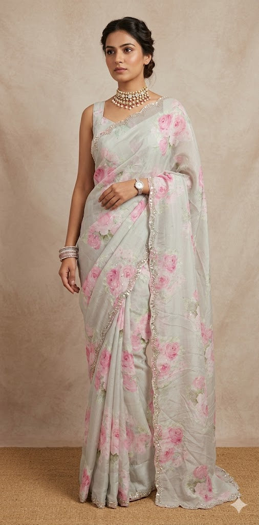 Crepe saree with sequins border , blouse and under skirt