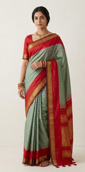 Handloom pure silk cotton green gadwal silk saree with stitched blouse