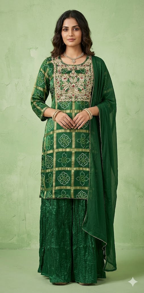 Green garchola kurti with gotta work, comes with bottom and dupatta