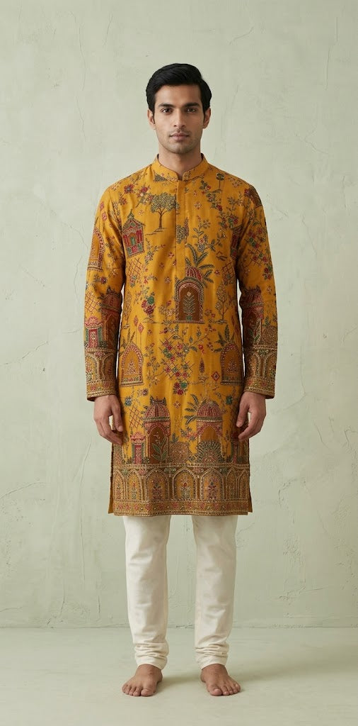 Mustard yellow printed designer kurta with embroidery