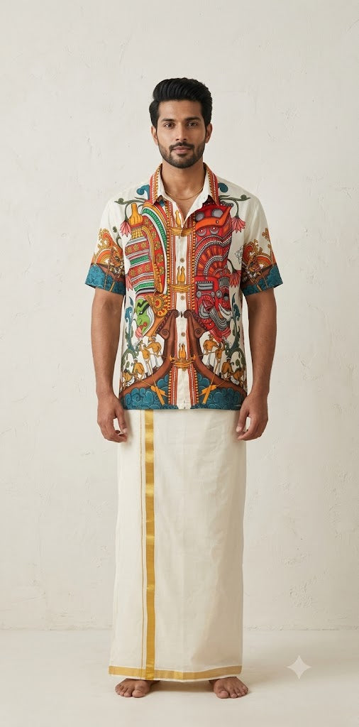 Onam printed modal silk off white shirt - Size XL