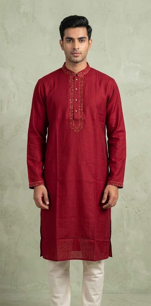 Maroon soft cotton kurta with hand embroidery