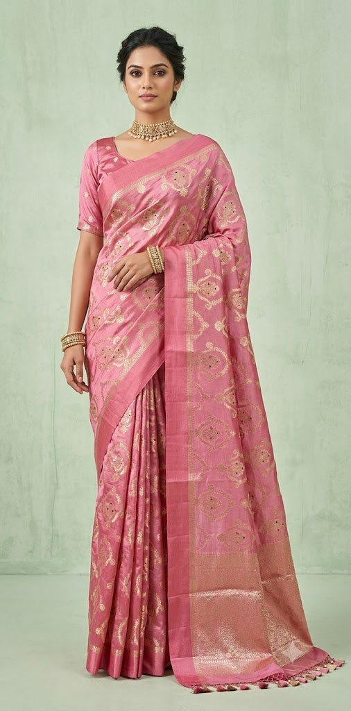 Raw mango meena jal saree with stitched blouse