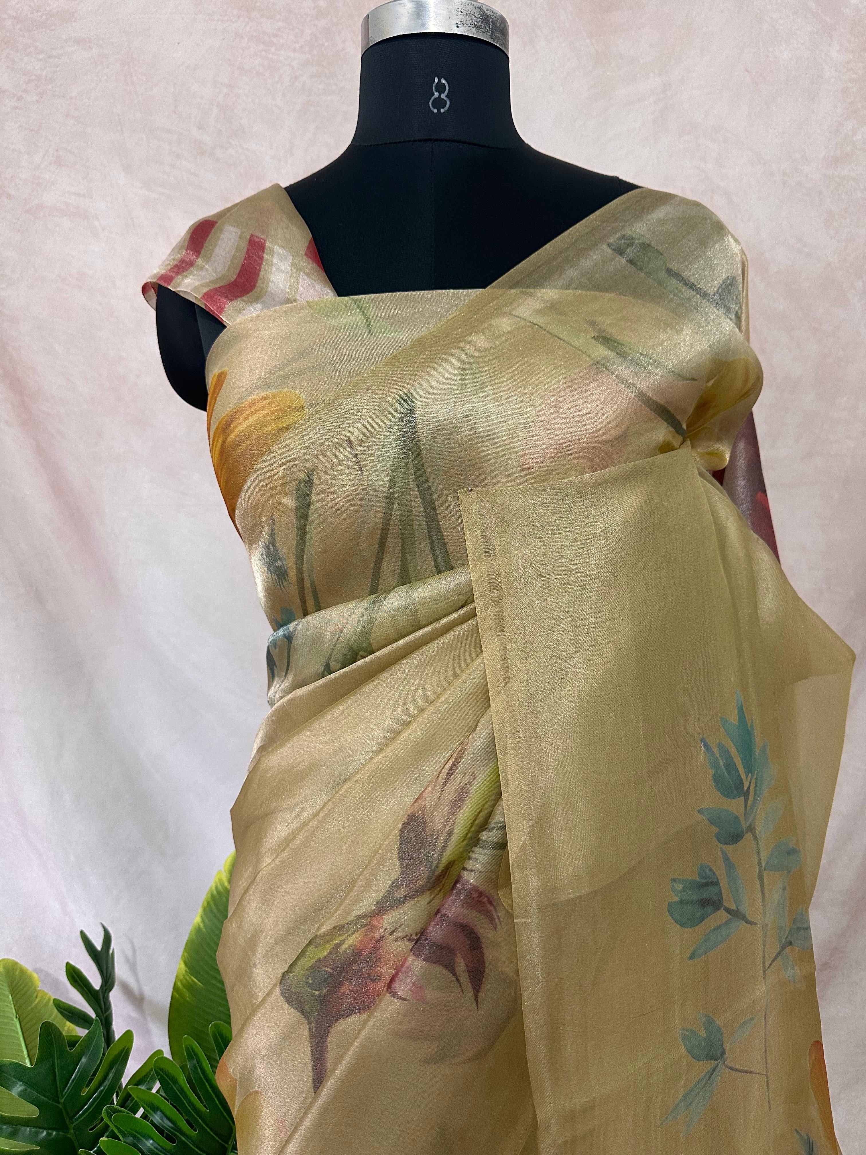 Organza silk tissue saree with digital print, with bP