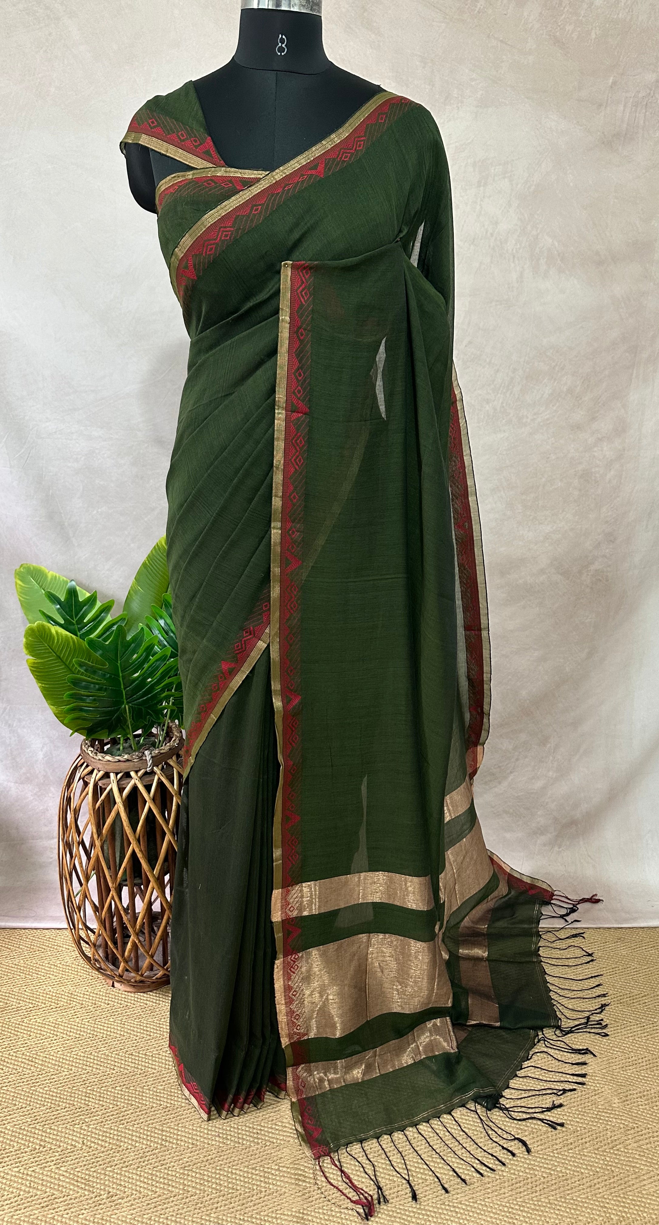 Cotton handloom saree with zari and red thread weave