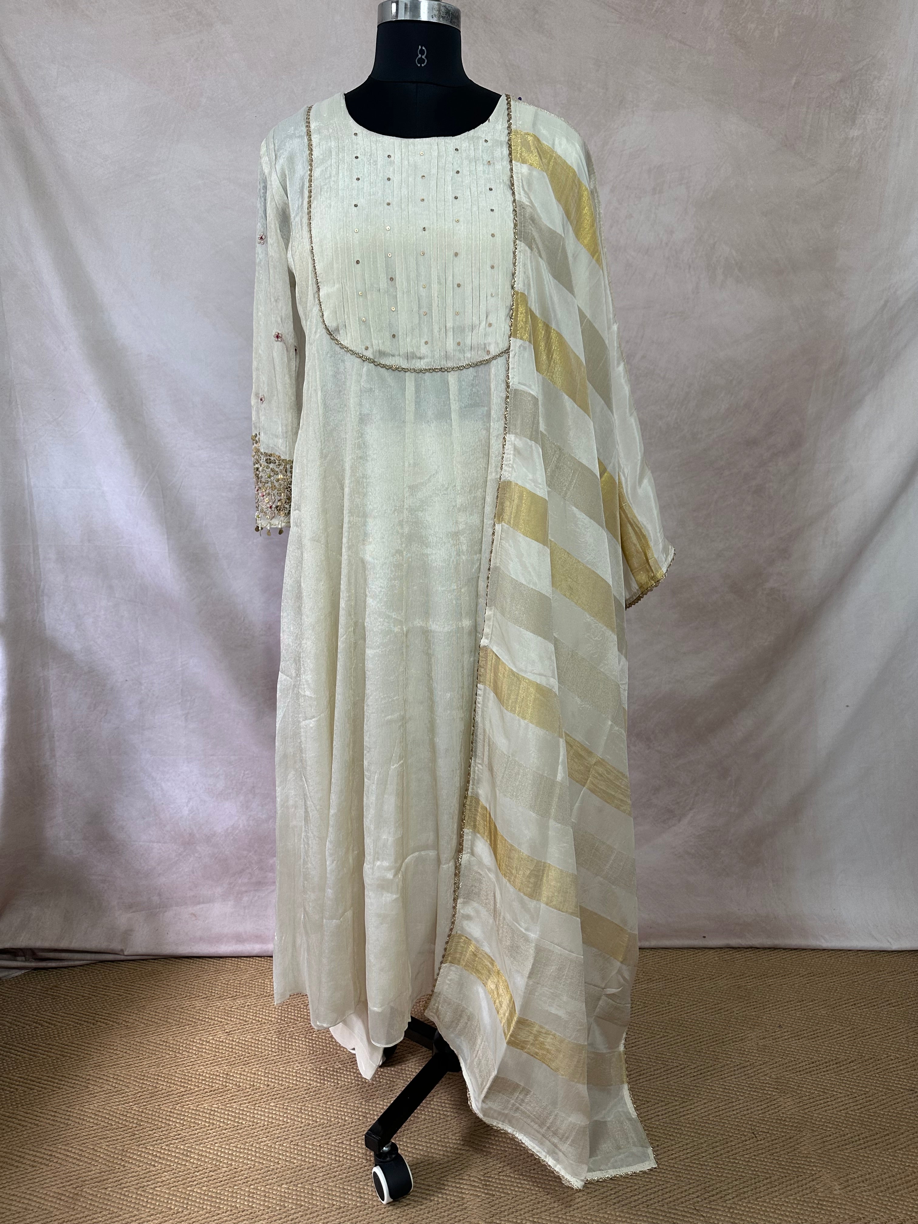 Off white crepe tissue silk anarkali with bottom and dupatta
