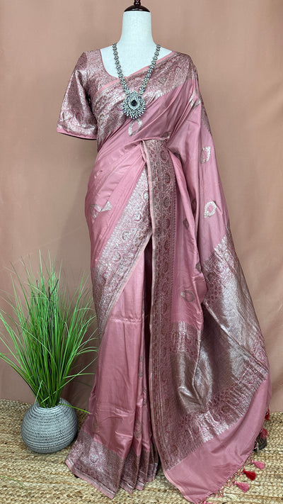 Onion pink Katan silk saree, with stitched blouse