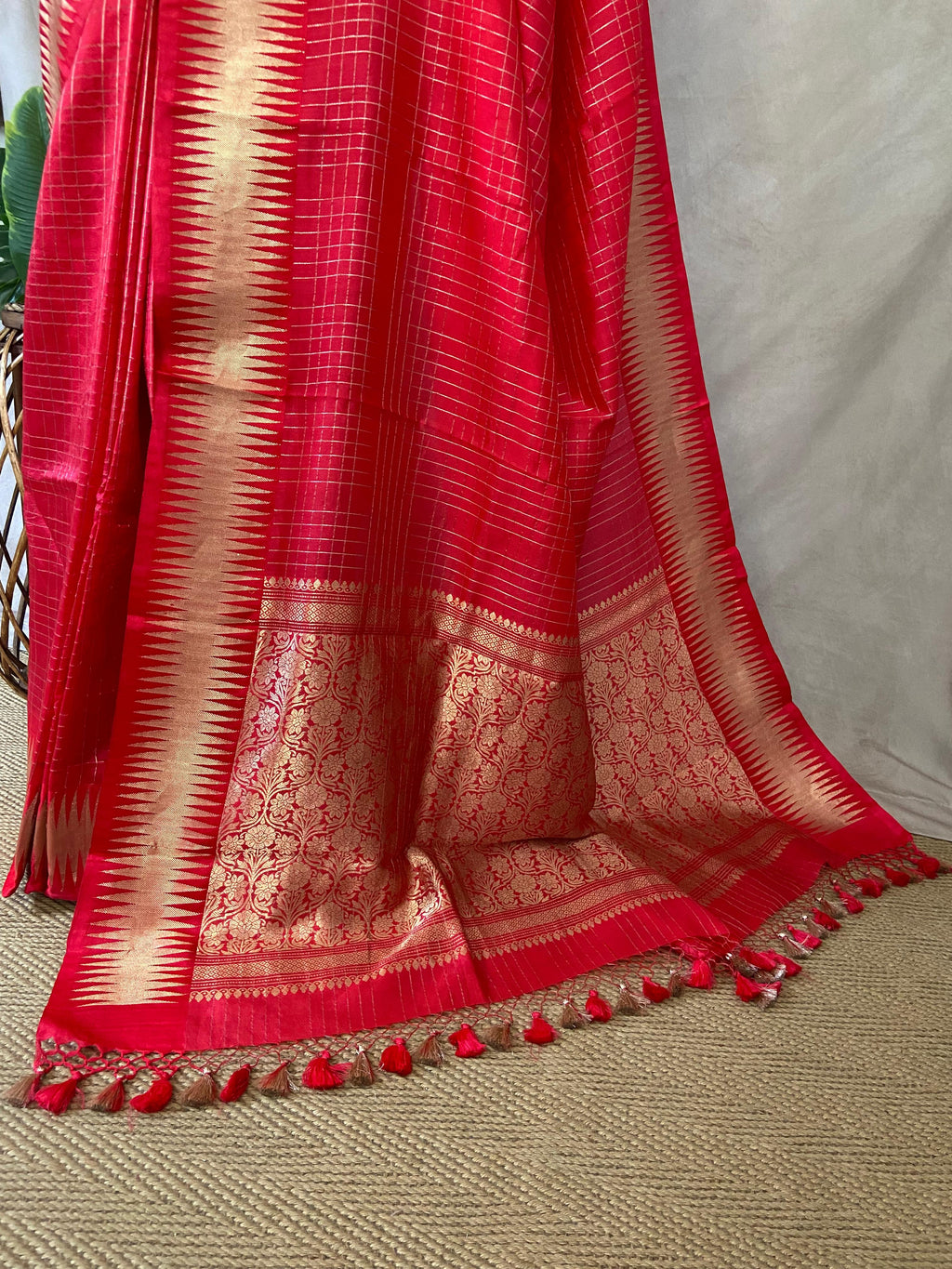 Red pure raw mango silk saree with stitched blouse