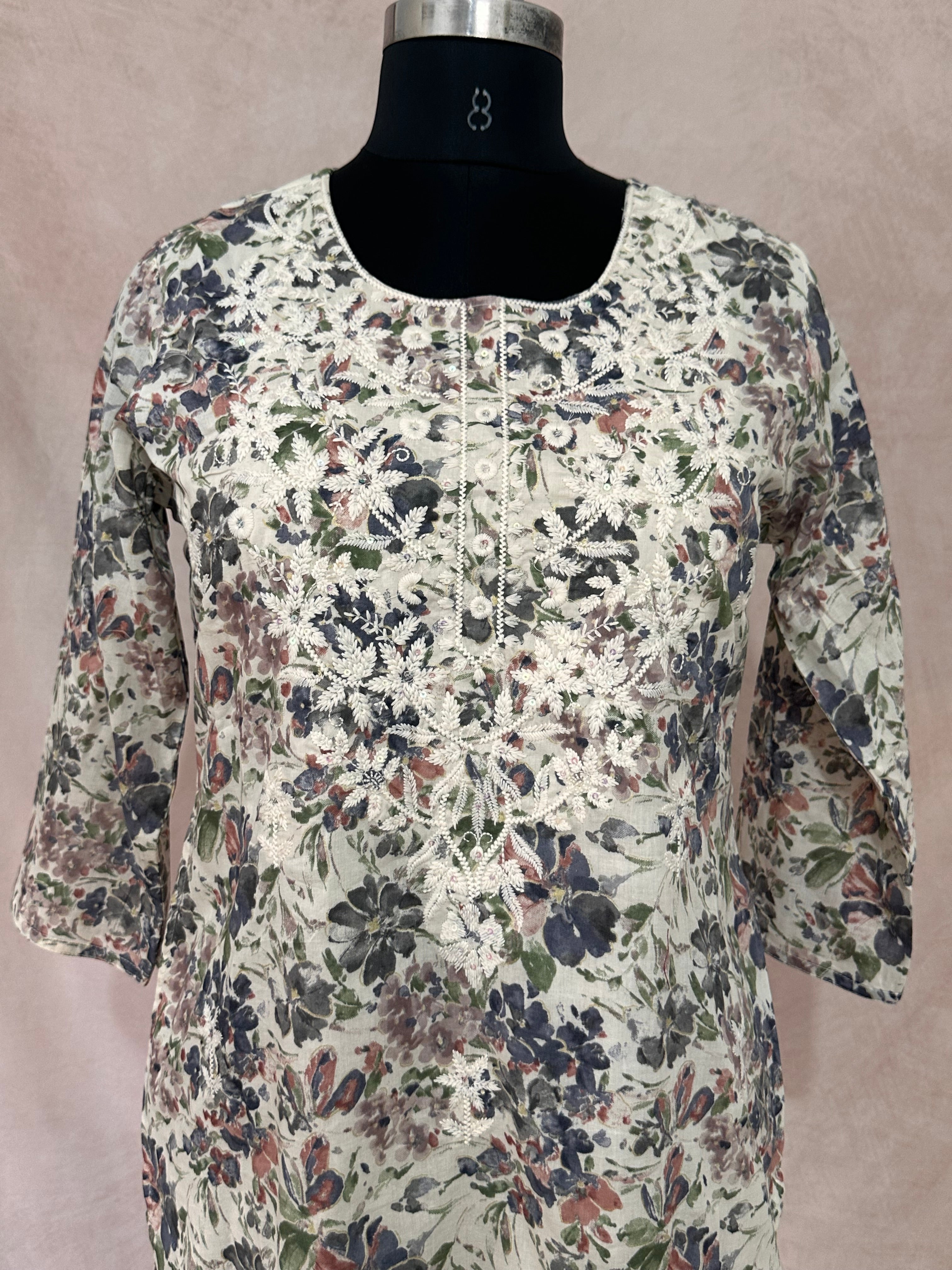 Cotton printed kurti with chikankari work