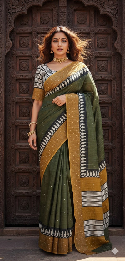 Pure Tussar silk saree with hand work and stitched blouse