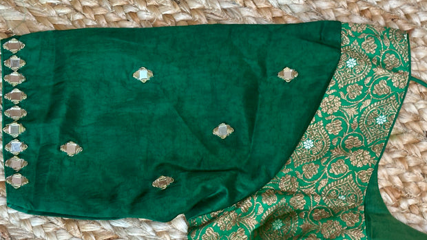 Green brocade silk blouse with mirror work