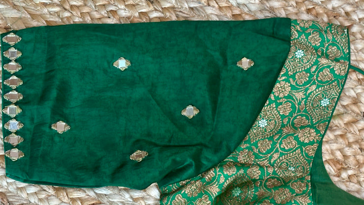 Green brocade silk blouse with mirror work