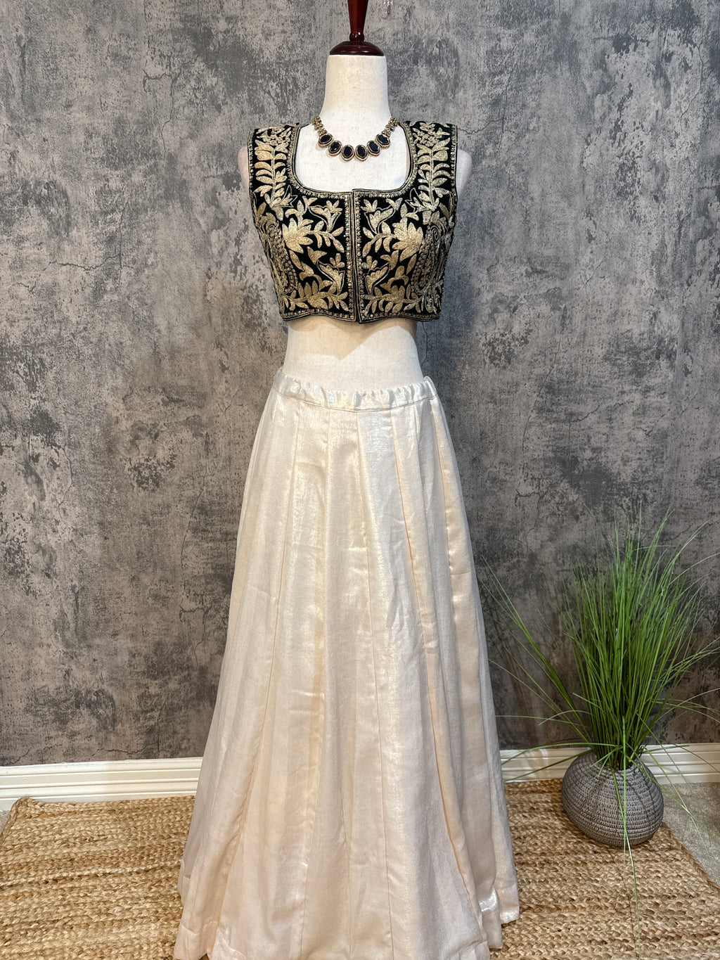 Shimmer crepe skirt with designer crop top