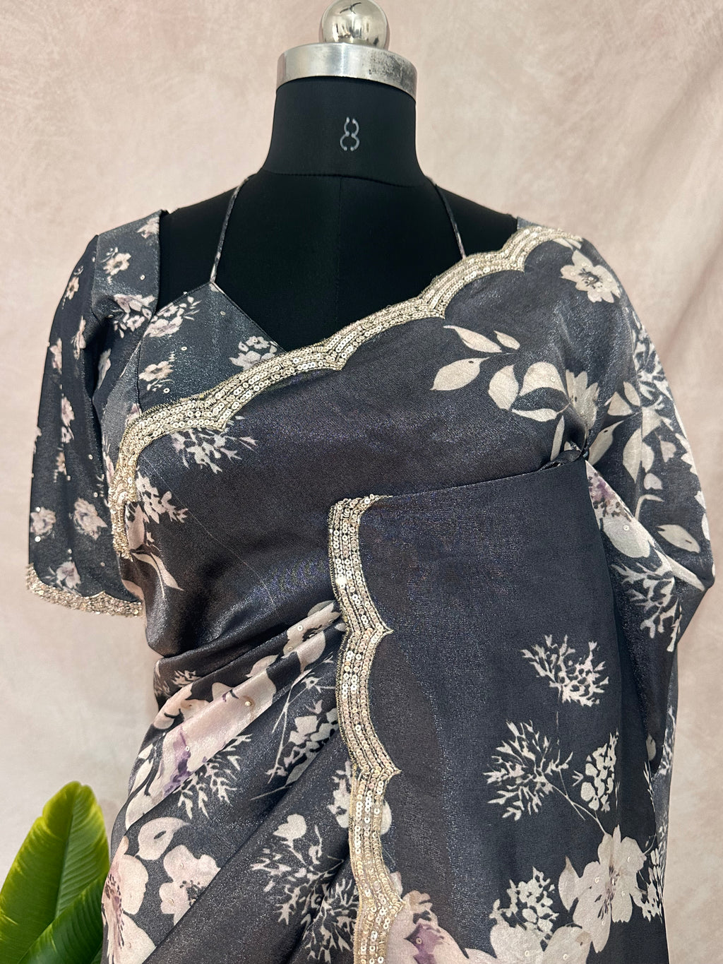 Black designer crepe tissue saree with floral print and  designer blouse