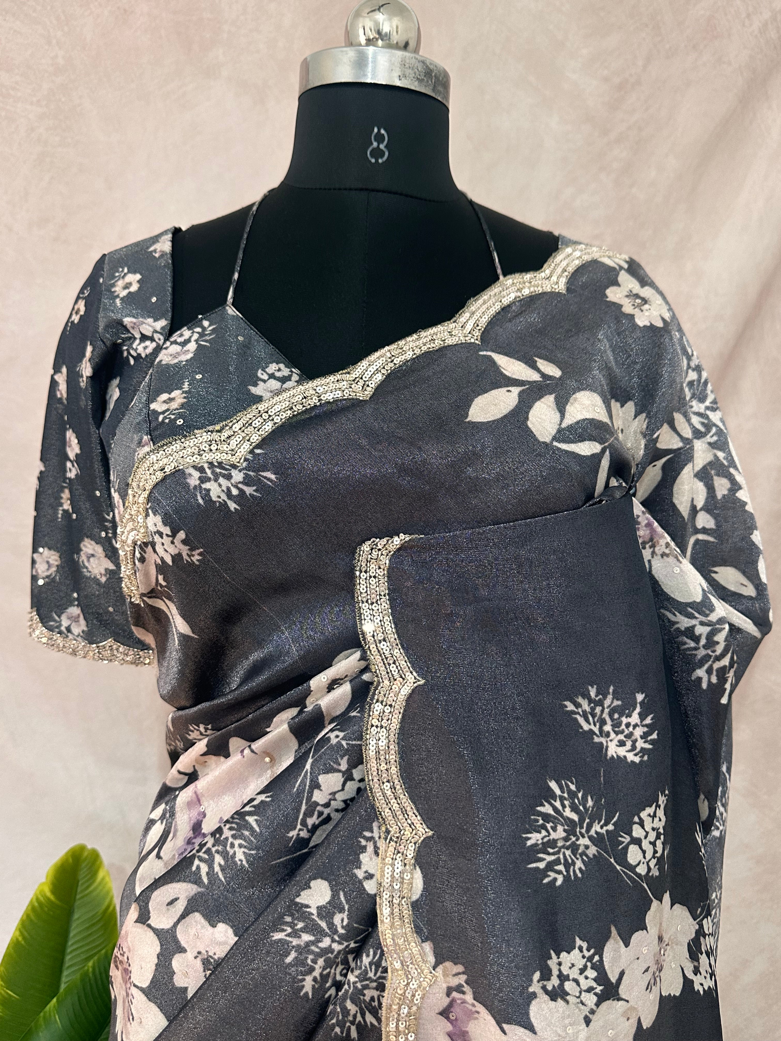 Black designer crepe tissue saree with floral print and desiger blouse
