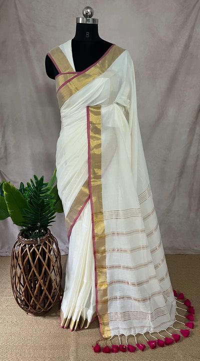 Mulcotton saree with pink and gold border