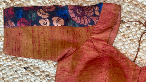 Rust color silk blouse with kalamkari patch work