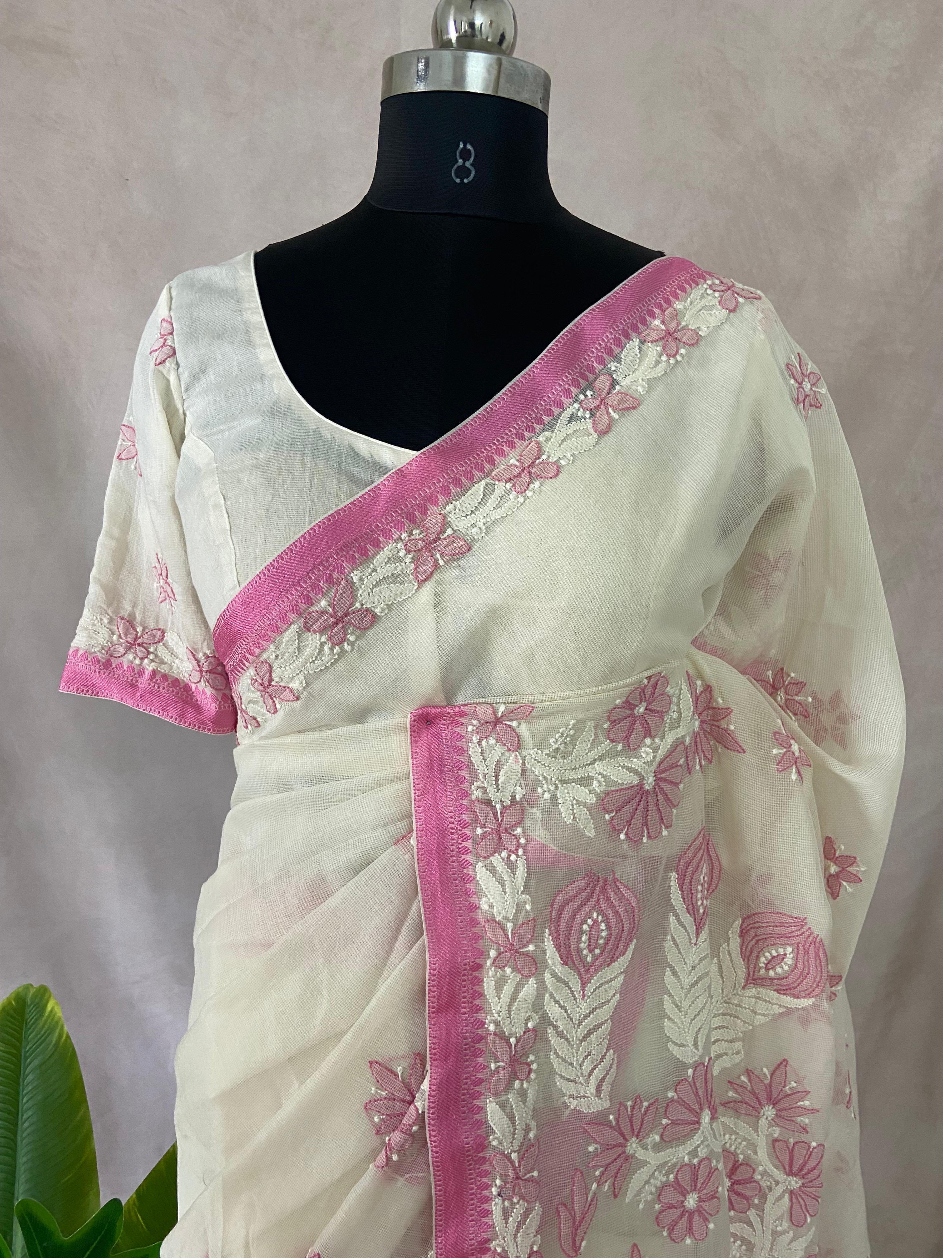 White and Pink Chikankari Hand Work Saree in Kotta Silk with Stitched Blouse