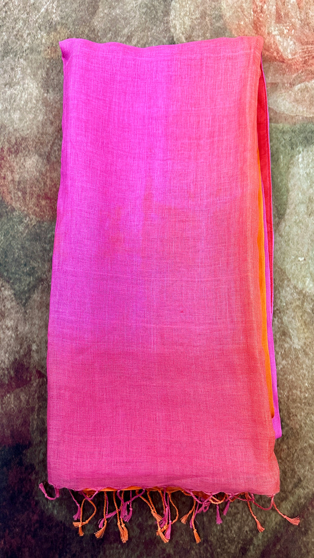 Orange and pink combo linen saree with stitched blouse