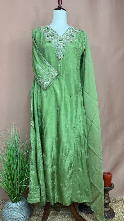Olive green silk kurti set with hand embroidery