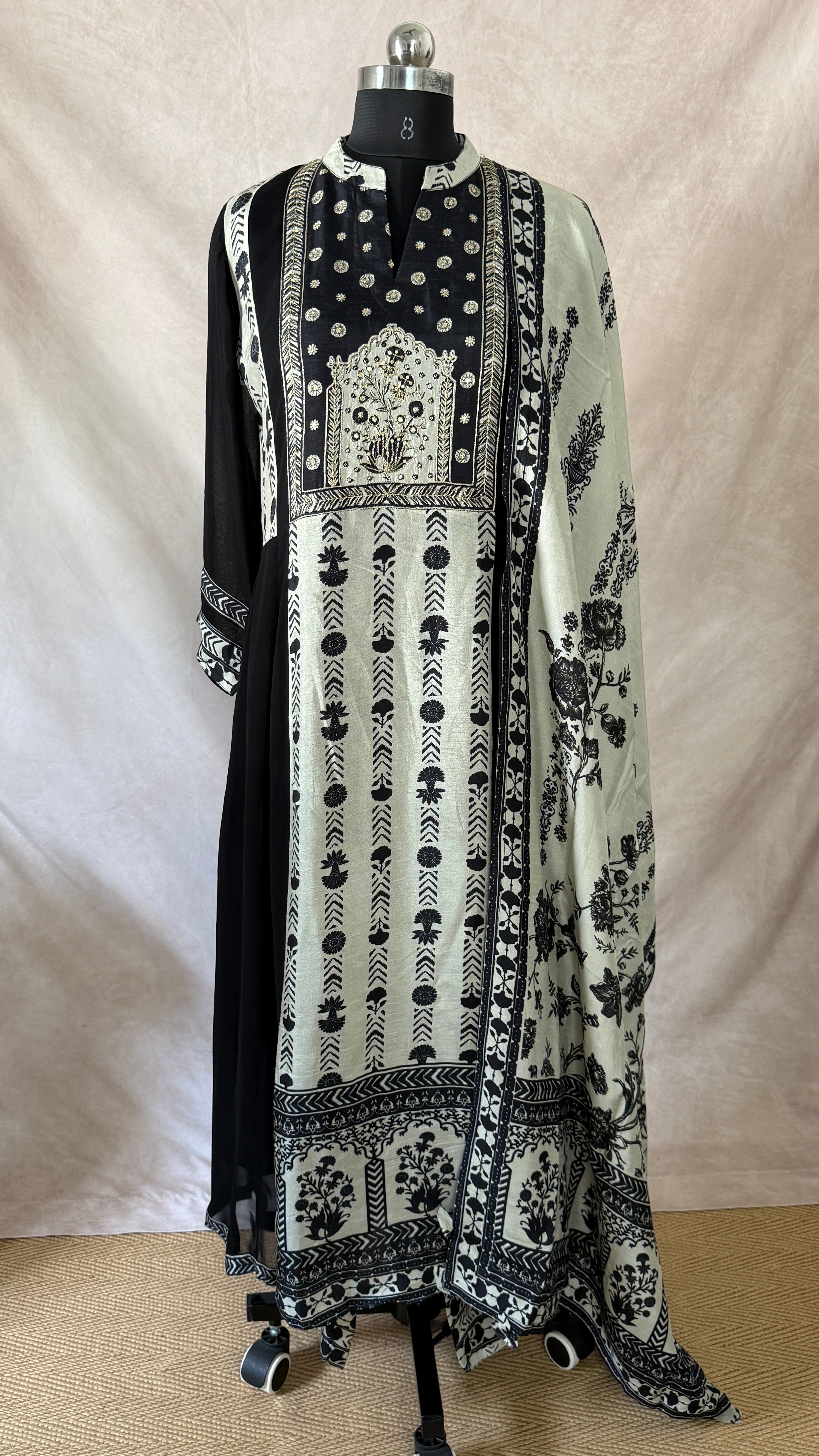 Black Muslin silk kurti with hand work , comes with bottom and dupatta