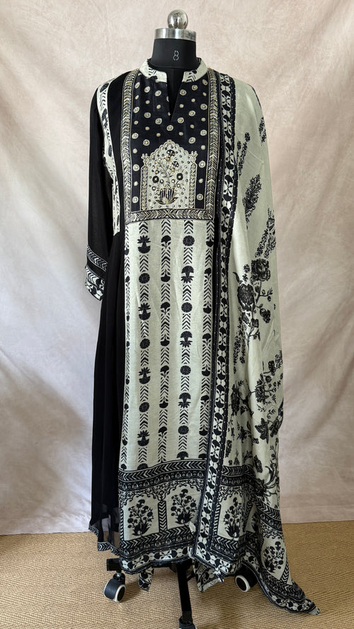 Black Muslin silk kurti with hand work , comes with bottom and dupatta