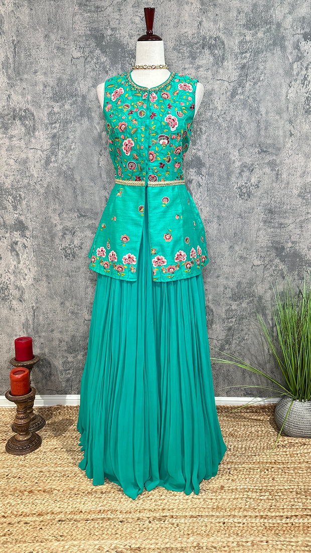 Clearance - Peacock green skirt with Embroidered peplum top (no dupatta)