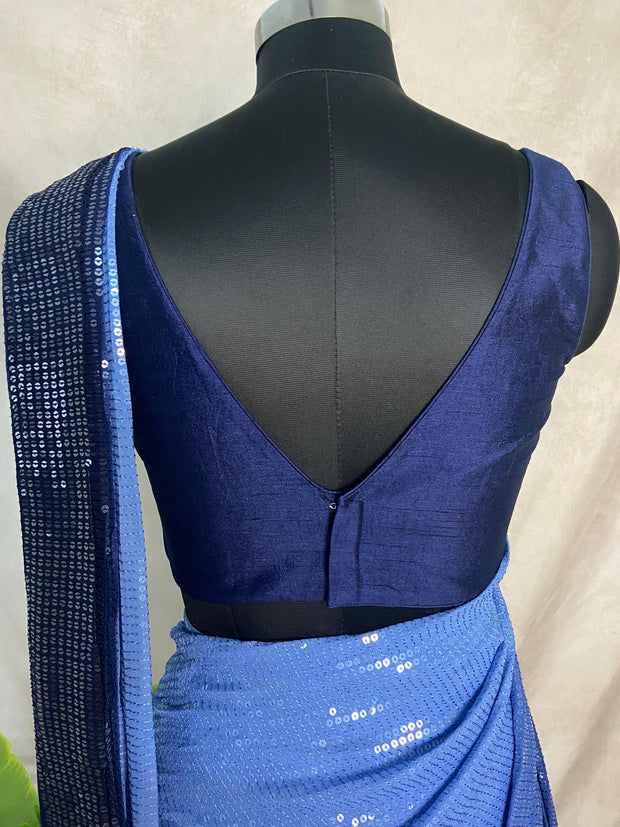Ombre blue georgette sequins ready to wear saree with atitched blouse