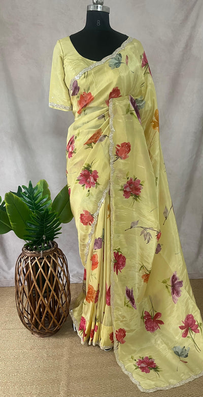 Tissue crepe silk saree with sequins border, stitched blouse