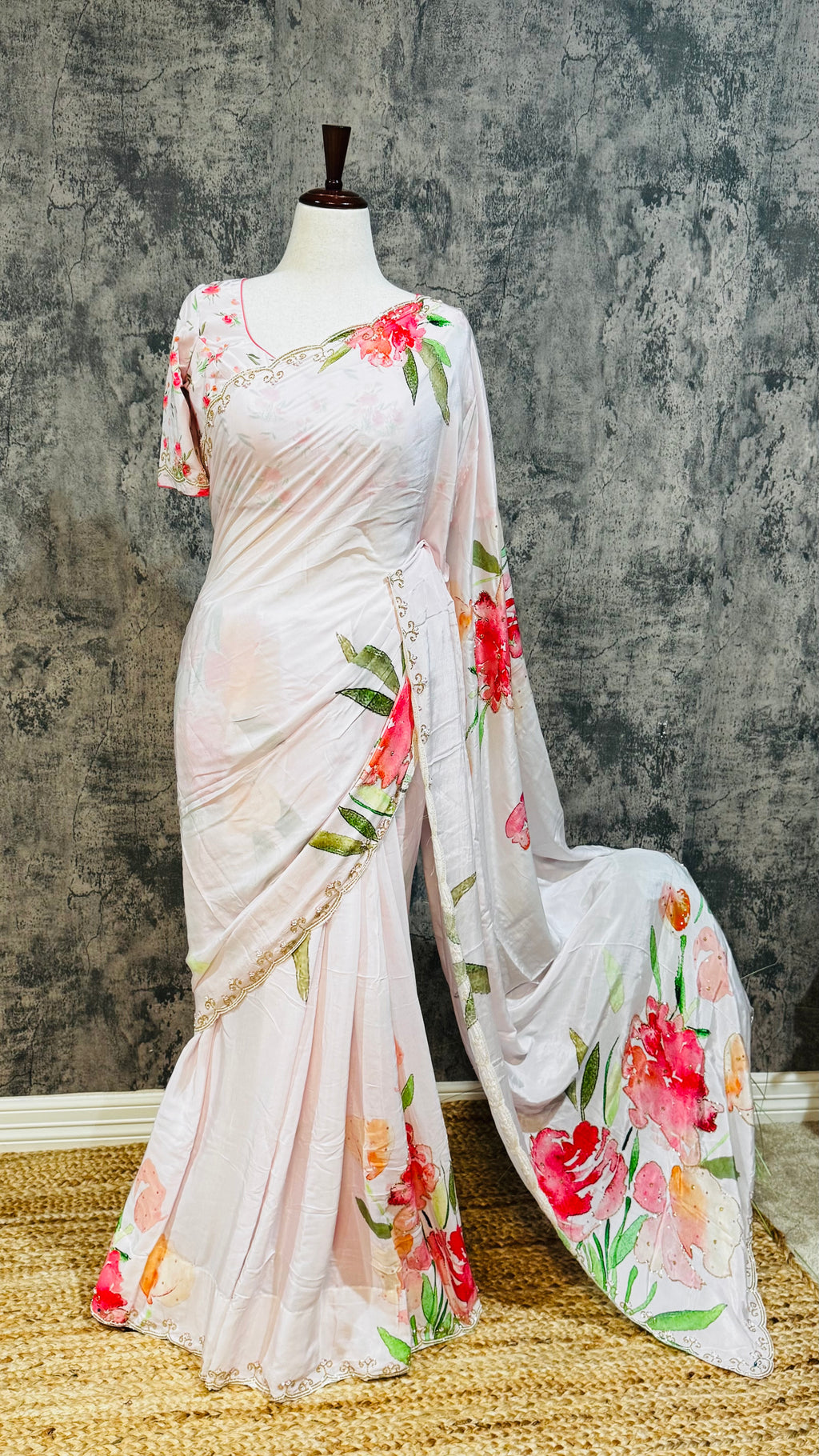 Crepe digital Printed saree with bead work and stitched blouse