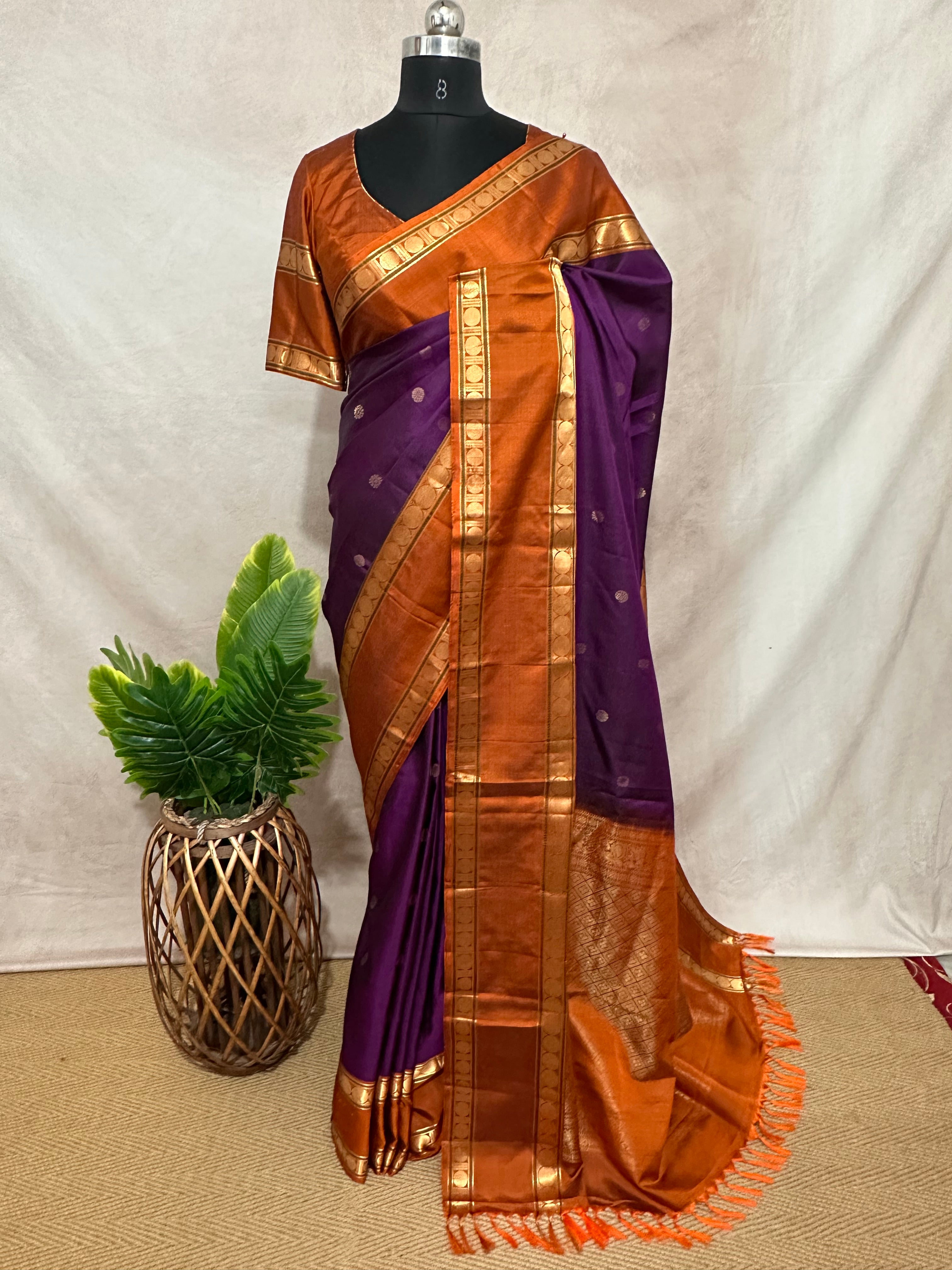 Purple and orange pure Kanchivaram soft silk saree with stitched blouse