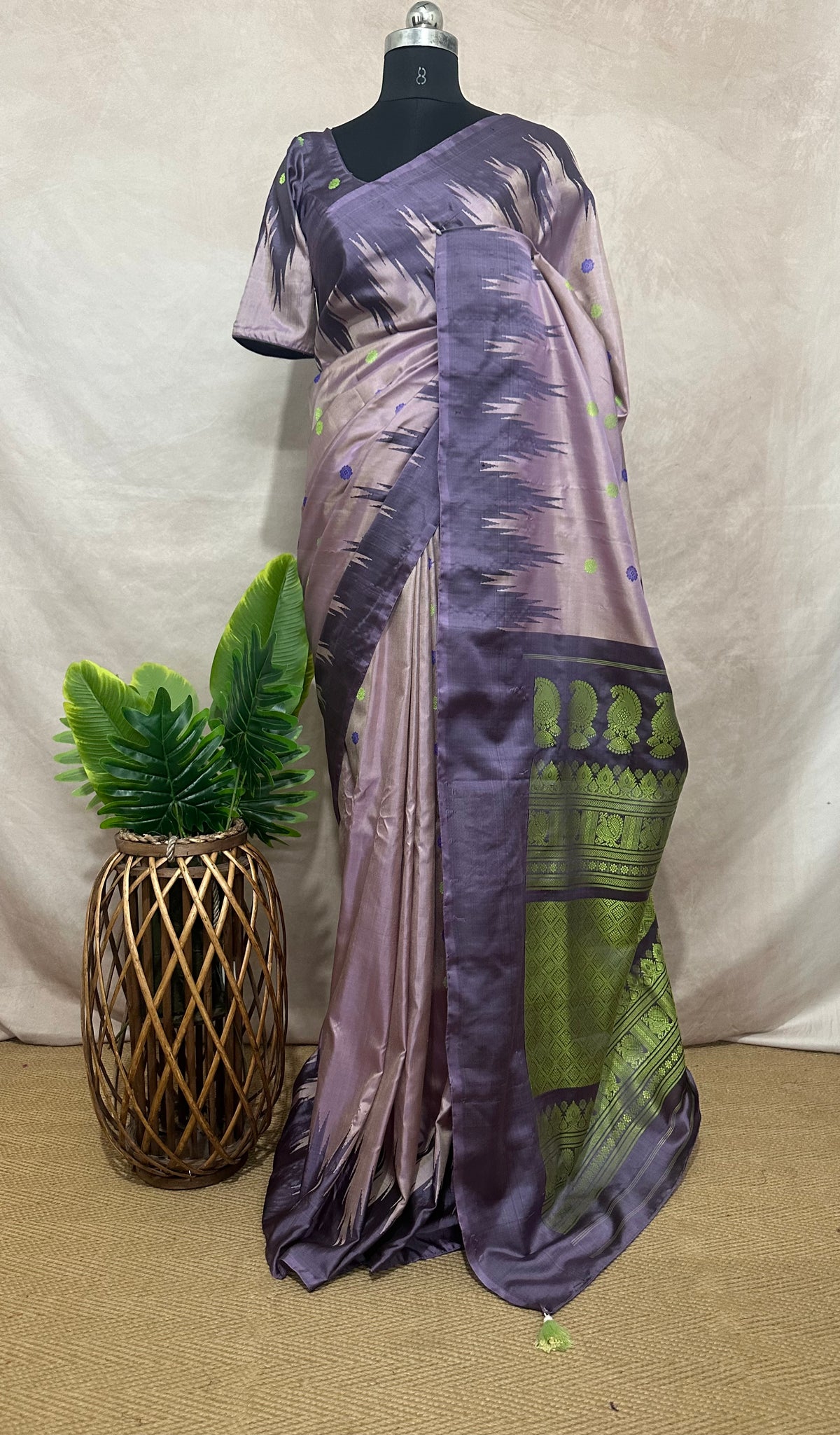 Handloom pure silk lilac gadwal silk saree with stitched blouse