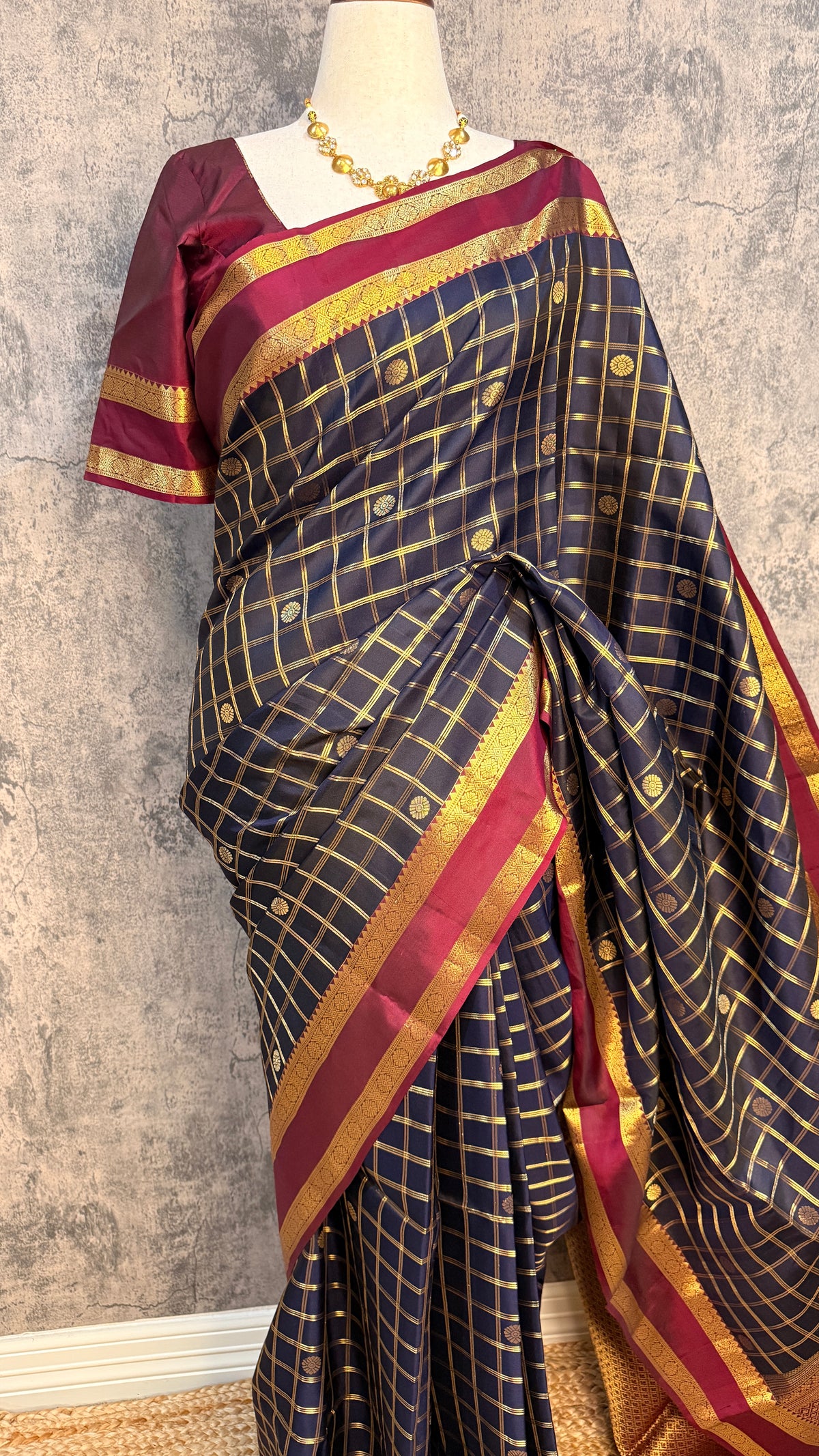 Navi blue and maroon kanchvaram soft silk saree