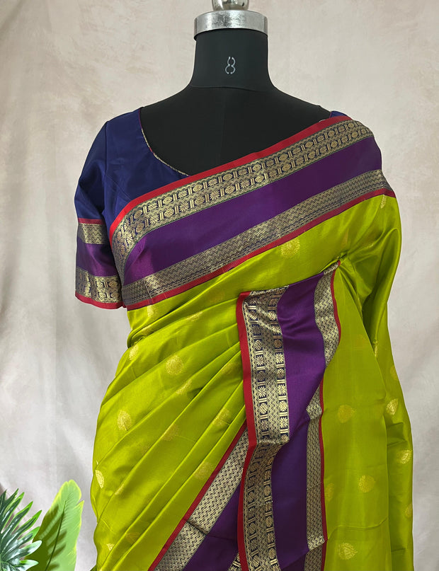 Light green and Blue Kanchivaram saree with stitched blouse