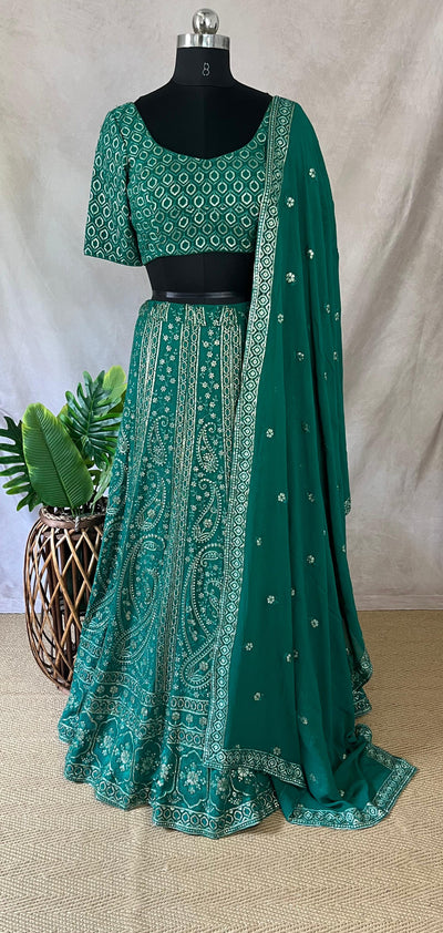 Green chikkankari lehanga
